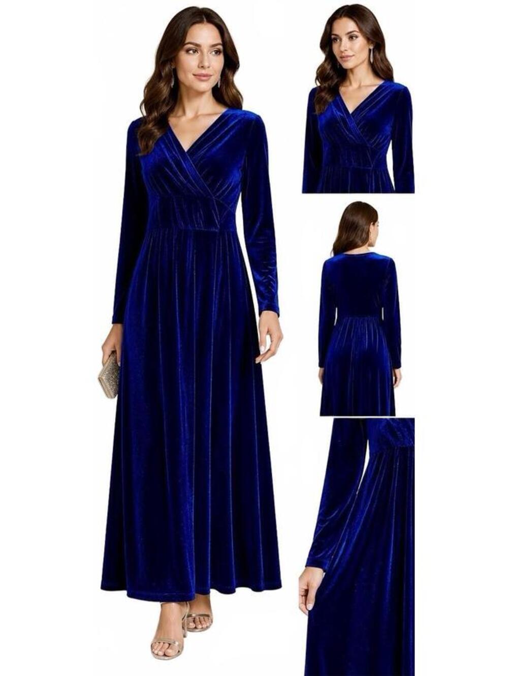 Royal Blue Velvet Maxi Dress Women’s Long Sleeve Empire Waist Evening Formal XXL